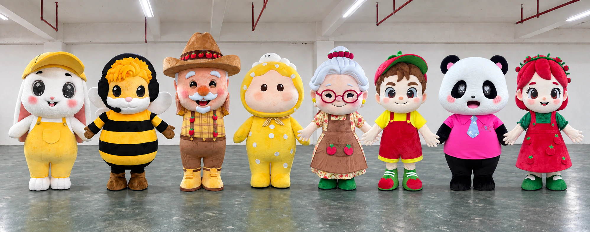 Eight custom mascot costumes made by Mascot Costume Factory standing in a row in the Shenzhen workshop: a bunny, a bee, a farmer grandpa, a lamb, a grandma, a strawberry boy, a panda and a strawberry girl
